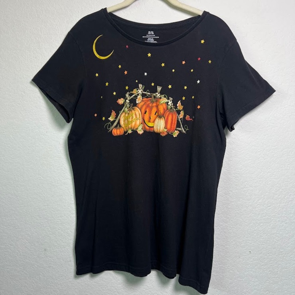 Halloween Graphic Tee XL Black Womens Spooky Pumpkin Moon Stars Shirt